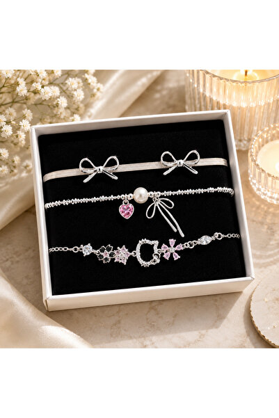 shop ÜÇLÜ GÜMÜŞ PEMBE RENK SET ÇELİK BİLEKLİKLER