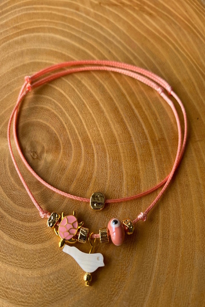 Shepidi 2-Pack Pink Glass Bead Adjustable Rope Anklet with Bird Object
