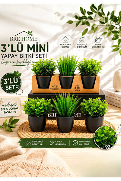 BRE HOME 3'lü Mini Yapay Bitki Seti – Saksılı Dekoratif Yapay Çiçek