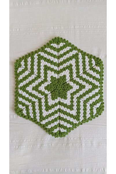Çılgın Kırkyamacı Hand Knitted Hexagonal Dowry Washcloth - Green and White Cr...