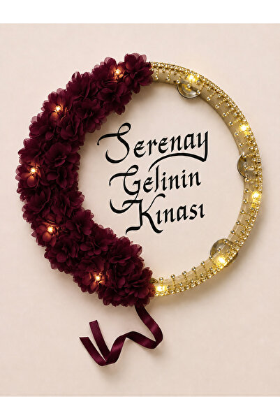 ELYNA Bordo Gold Taşlı Ledli Şeffaf Gelin Tefi, Çiçekli 32 cm, Kına Düğün Sün...