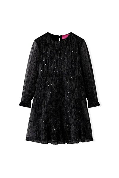 vidaxl Rochie pentru copii cu mânecă lungă, neagră, 128