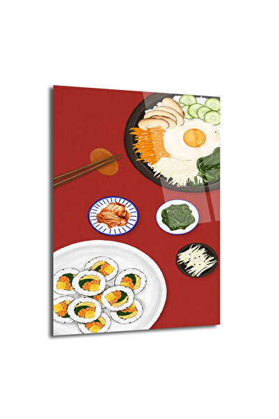 GLAZELLA Kore Mutfağı Ziyafeti Cam Tablo | Bibimbap ve Kimbap Duvar Sanatı