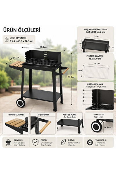 Altınkayaticaret Tekerlekli Kömürlü Barbekü Mangal 83x40,5x86,3 cm – Bambu Ya...