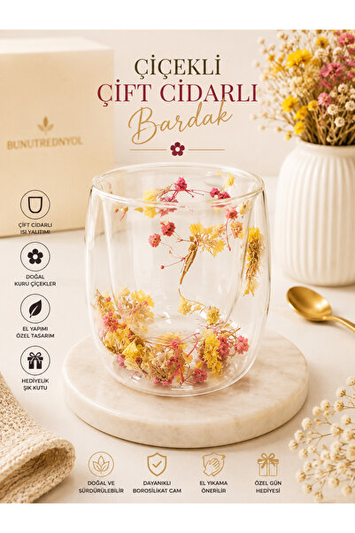 NZR Double Walled Glass Dried Flower Mug Stylish Durable Coffee Cafe Cup 200ml