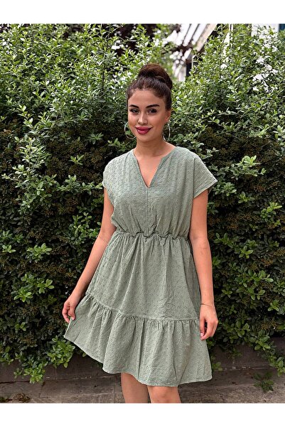ROKH Women's Lined Scallop Brode Dress with Elastic Waist