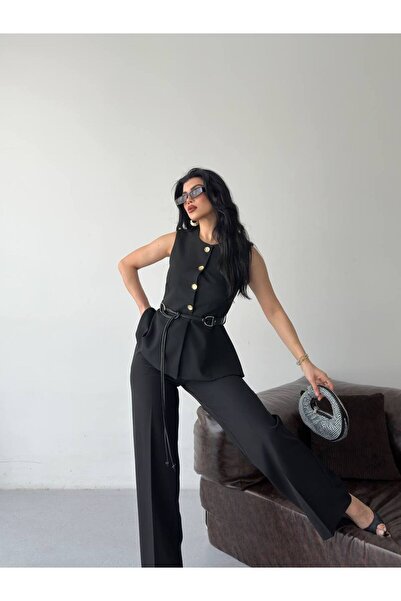 SUXİRCNHTMTS Women's Buttoned Belted Vest and Palazzo Pants Two-Piece Set