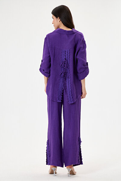 della moor Women's Purple Italian 100% Linen Lace Back Low-Cut Top and Bottom...