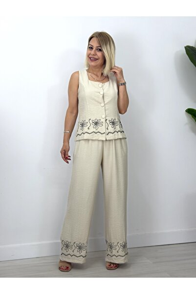SİSTA MODA 665 Md Square Collar, Embroidered Hem Vest, Wide Leg Pants Set