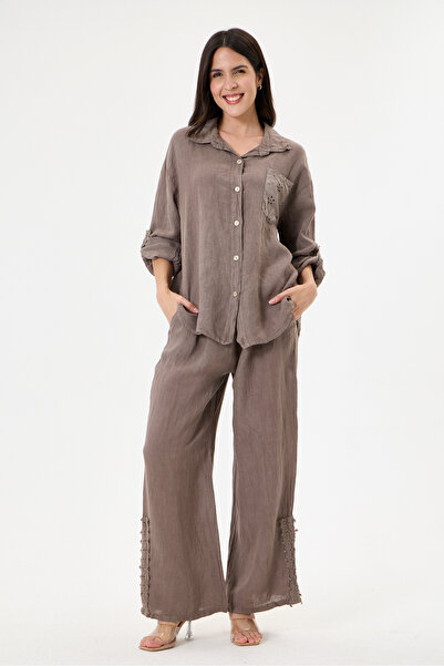della moor Women's Mink Italian 100% Linen Lace Back Low-Cut Top and Bottom L...
