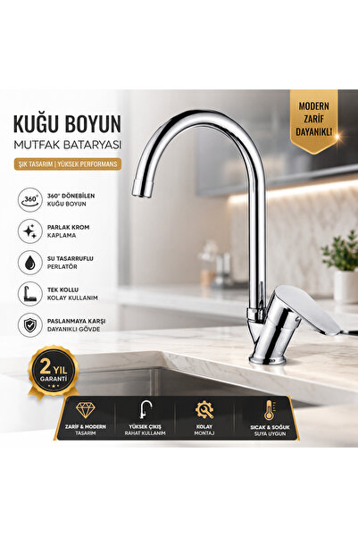 Krom Kuğu Boyun Mutfak Evye Bataryası – Tek Kollu Aç Kapa Mix Musluk – 360° Döner Başlıklı 2 Yıl Garantili