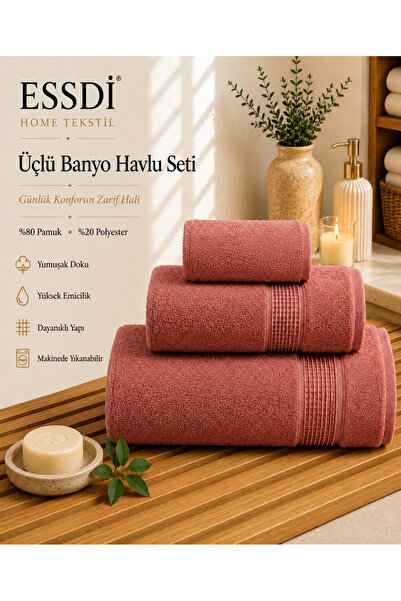 Essdi Home Tekstil Üçlü Banyo Havlu Seti Açık Kırmızı
