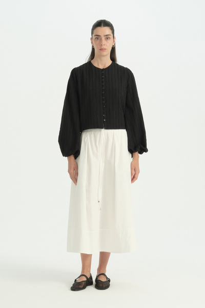 Nihan Elastic Waist Lace-Up Cotton Skirt - Ecru