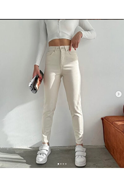 LİMABEL Evrim Beige Cream Mom High Waist Jean Women's Boyfriend Power Lycra D...