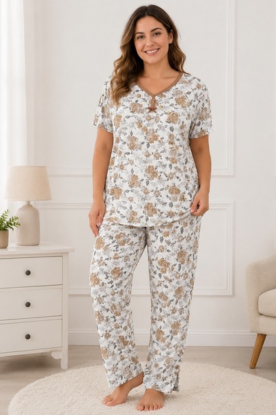 CottonVia Mother's Pajama Set, Ribbed V-Neck, Floral Pattern, Short Sleeve, 1...