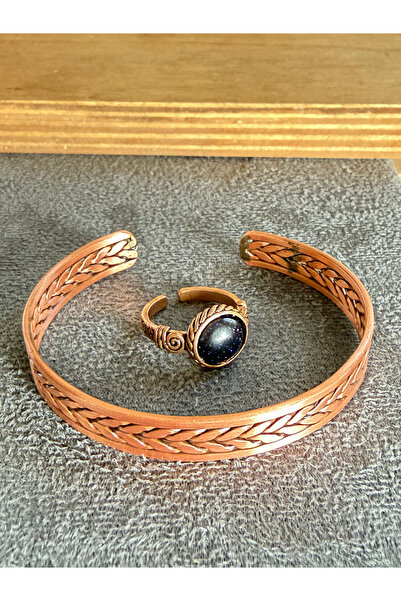 Rupen Kraft Handcrafted copper bracelet and natural stone ring set, adjustabl...