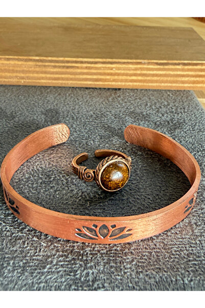 Rupen Kraft Handcrafted copper bracelet and natural stone ring set, adjustabl...