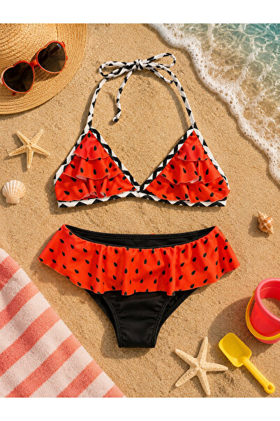 SANTRALBEBE Girl's Watermelon Patterned Ruffle Bikini