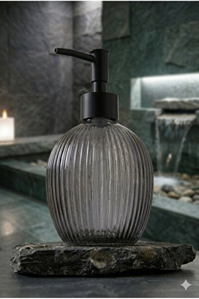 KLARHAUS موزع صابون سائل زجاجي أسود مستدير مخطط - 500 مل - 16x10x10 سم