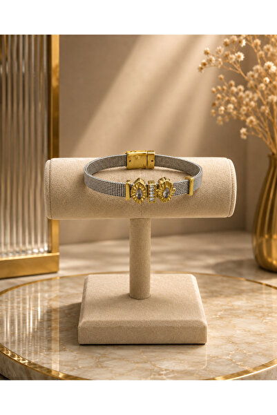 Lilith Takı Gold & Silver Luxury Design Stone Detailed Steel Handcuff Bracele...