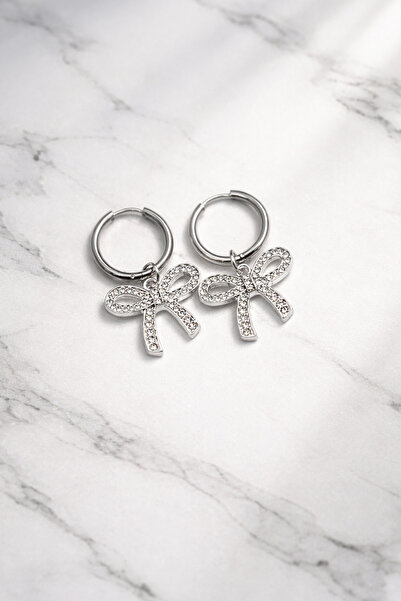THE Steel Silver Color Zircon Stone Bow Figure Earrings