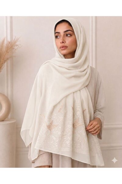Veil Designer Origami Beige Bull Japanese Fabric Veil with Different Embroide...