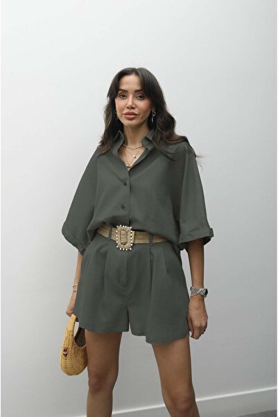 Havoş Khaki Straw Belted Shorts and Shirt Linen Set