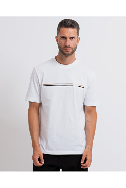 BOSS Erkek Regular Fit Logo Çizgili Pamuklu Kısa Kollu Beyaz T-Shirt