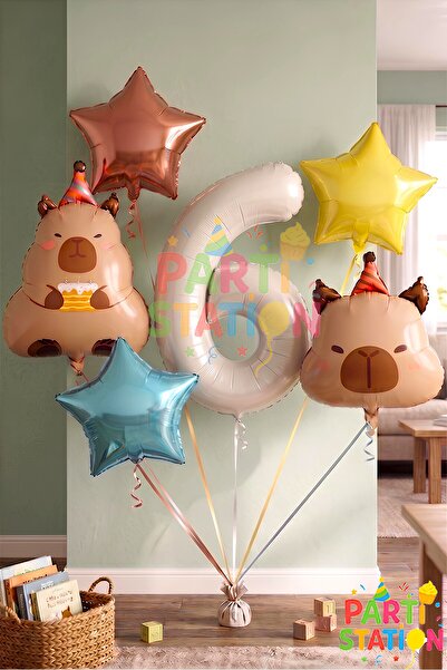 Parti Station Kapibara Concept 6 Year Old Birthday Balloon Set 6 Piece Capyba...
