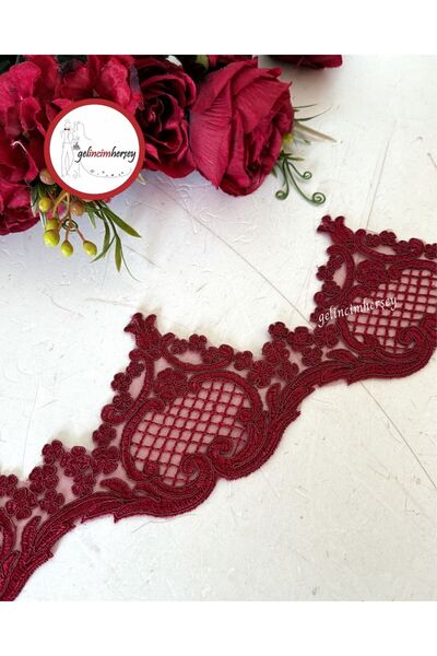 Gelincimherşey Bordo Alesta Kafes Fransız Dantel Güpür 13 cm 1 metre