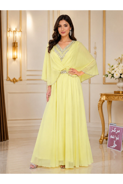 NAWAEIM Luxury Embroidery Sequined Long Gown Evening Dress Chiffon Fabric Cap...