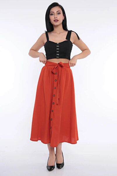 FIRST STYLE Turkish High Waist Stylish Brick Red Skirt with Buttons and Elega...