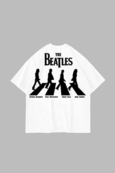Sekizbiraltı White the Beatles Printed Oversize Unisex Cotton T-Shirt