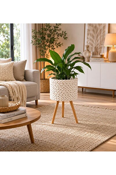 Bohem studio Ayaklı Örgü Çiçeklik 25 cm çap– Beyaz Bohem Dekoratif Saksı