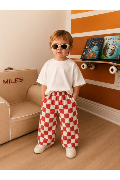 babymuslinn Baby Muslin Unisex Kırmızı cepsiz Damalı Müslin Pantolon
