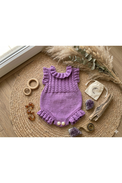 Knit By Busra Hülya Koç Örgü Bebek Tulumu - Lila Bebek Salopet (0-8 Ay)