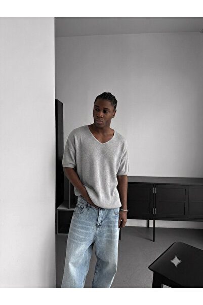 elkumoda Men's Oversize Knitted Knitwear T-Shirt V-Neck Loose Comfortable Cut...