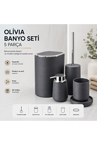 kasımoğulları concept Olivia Anthracite 5 Piece Bathroom Set – Modern Striped...