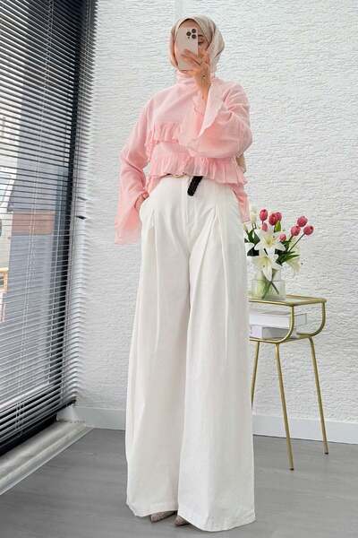 MELEK ARAZ Premium Knitted Belted Palazzo Linen Trousers - White