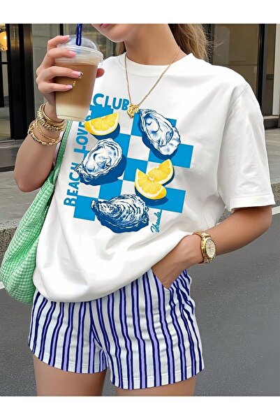 LELVANİ Unisex Beach Love Club Lemon Printed Crew Neck T-Shirt