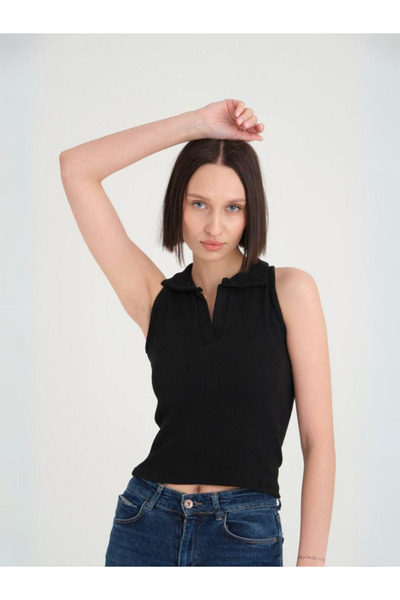 diğer1234 Μαύρο Αμάνικο Top με Γιακά — onesize