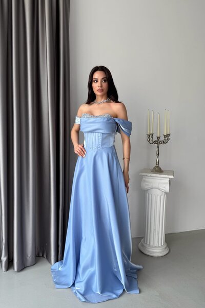 Serica Moda Baby Blue Low Sleeve Stone Embroidered Underwire Long Evening Dress