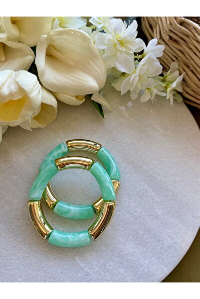 Merishe Jewerly Turquoise Marble Patterned Gold Beaded Acrylic Elastic Bracelet