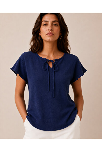 just wear zt Women's Slit Detailed Lace-Up Collar Comfortable Fit Blouse