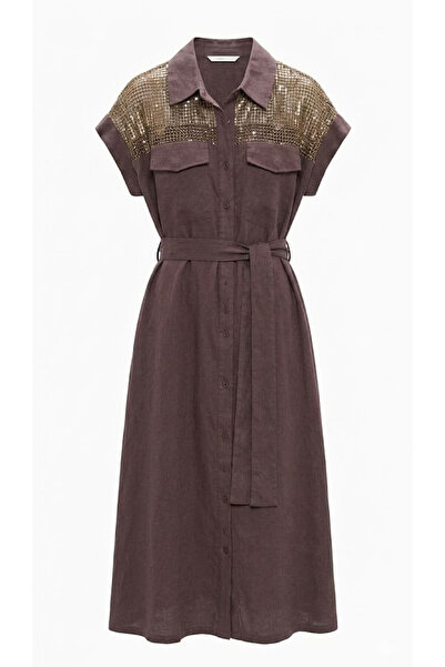 Ruby Tansel Shoulder Sequined Belted Dress Bitter Brown