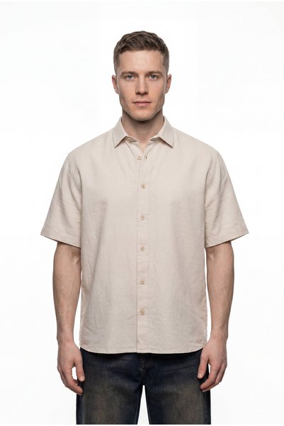 Machinist Men's Short Sleeve Oversize Linen Shirt Beige