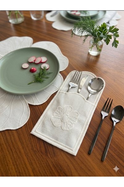 She Combines 6-Person Floral Embroidered Luxury Presentation Set 19 Pieces - Linen American Service Placemat, Runner, Spoon Holder Set