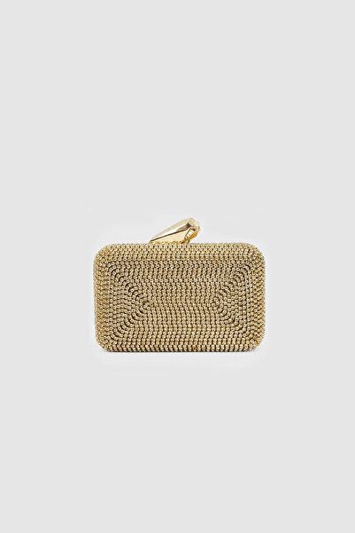 Mozto Eloura Light Gold Taşlı Clutch Abiye Çanta