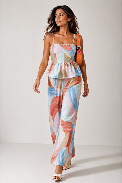 Selene Studıo Amalfi Pastel Desenli Peplum Bluz Palazzo Pantolon Yazlık İkili...
