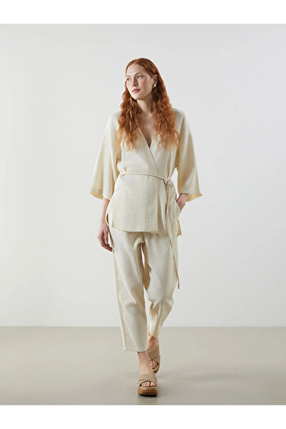 LC Waikiki Beige Textured Women's Trousers with Elastic Waist
